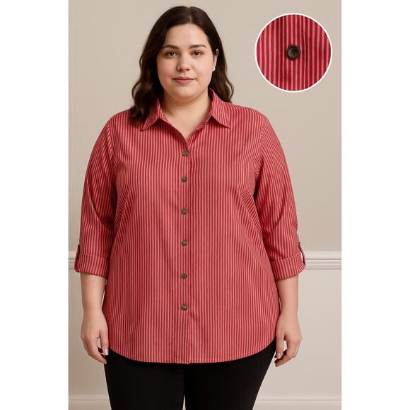 NWT Roommates Red Stripe Button Front Top 1X Roll Tab Sleeve Minimalist Office - Picture 2 of 11
